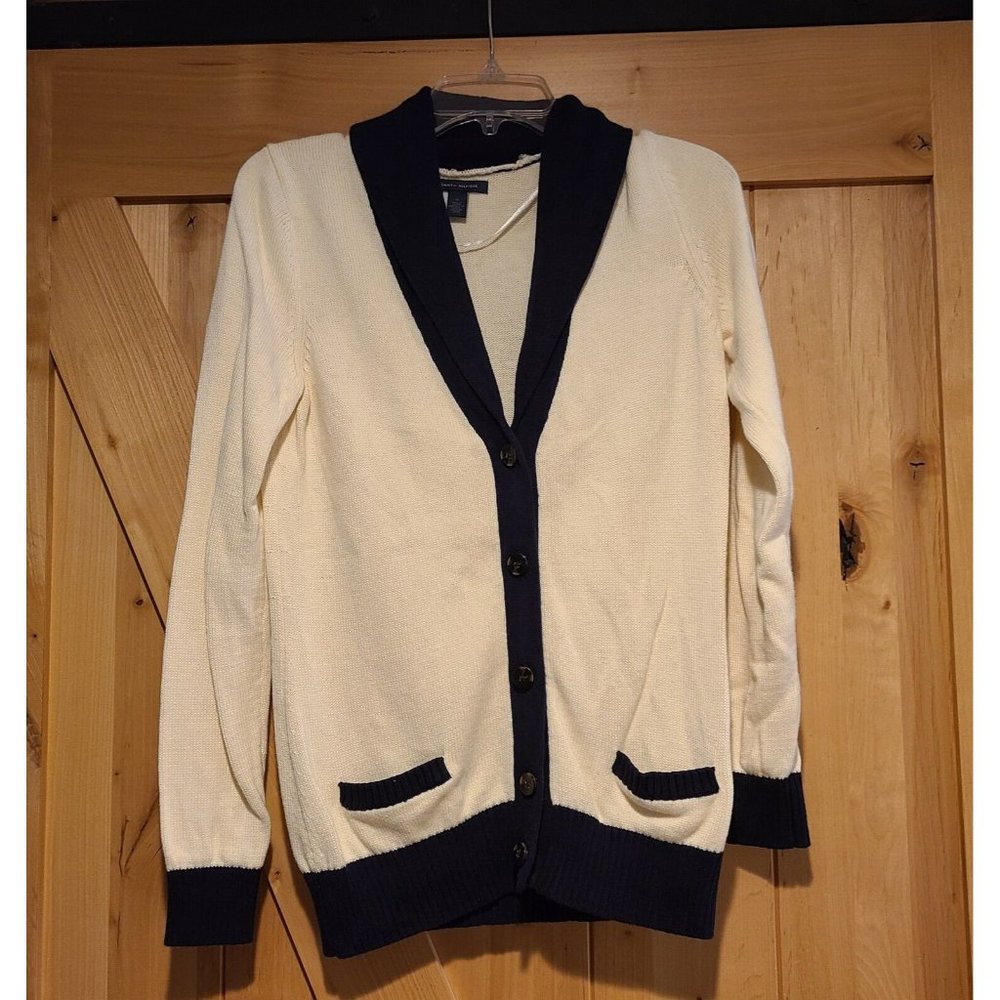 Tommy Hilfiger Womens Size M Cardigan Sweater Button Front Cream Blue - Picture 1 of 12